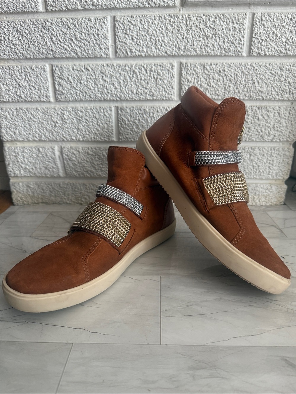 Women’s Carrano Brown High-Top Casual Sneakers with Metallic Straps